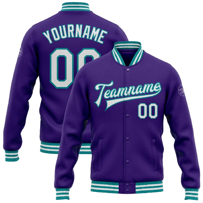 Modern Unisex Streetwear Outfits Chic Style, Always In Vogue Custom Purple White-Teal Bomber Full-Snap Varsity Letterman Jacket