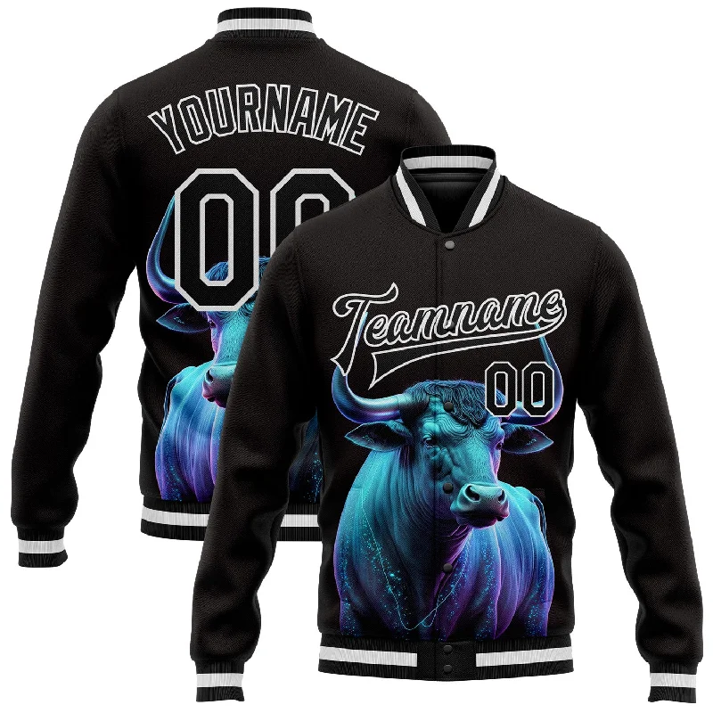 Urban-Inspired Unisex Fashion Pieces Sleek Style Discounts Custom Black White A Blue Bull With Blue Horns 3D Pattern Design Bomber Full-Snap Varsity Letterman Jacket