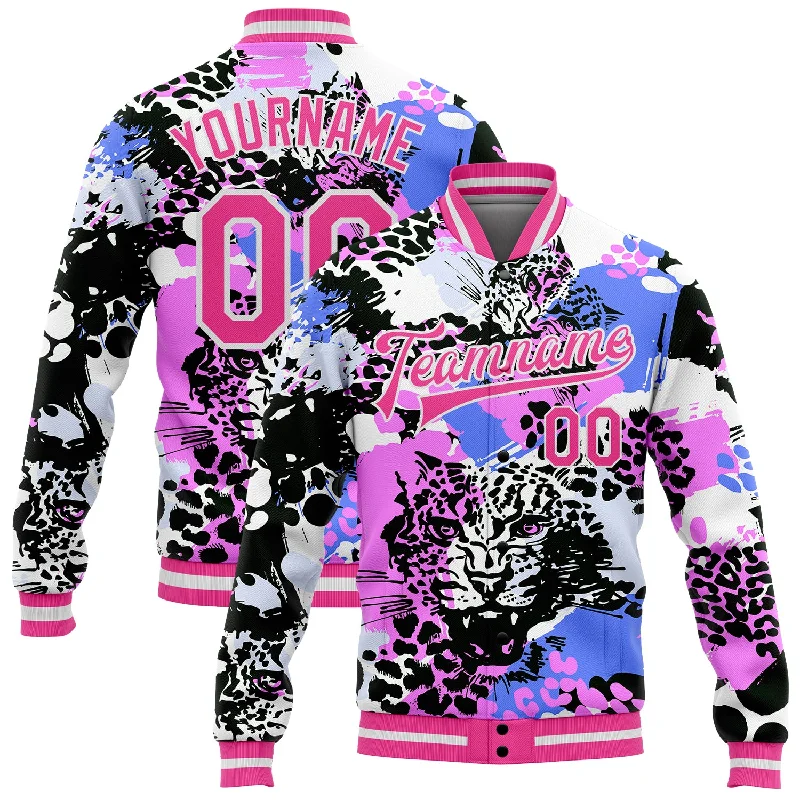 Comfortable And Stylish Unisex Outfits Unleash Your Trend Driven Style Custom Black Pink-White Leopard 3D Pattern Design Bomber Full-Snap Varsity Letterman Jacket
