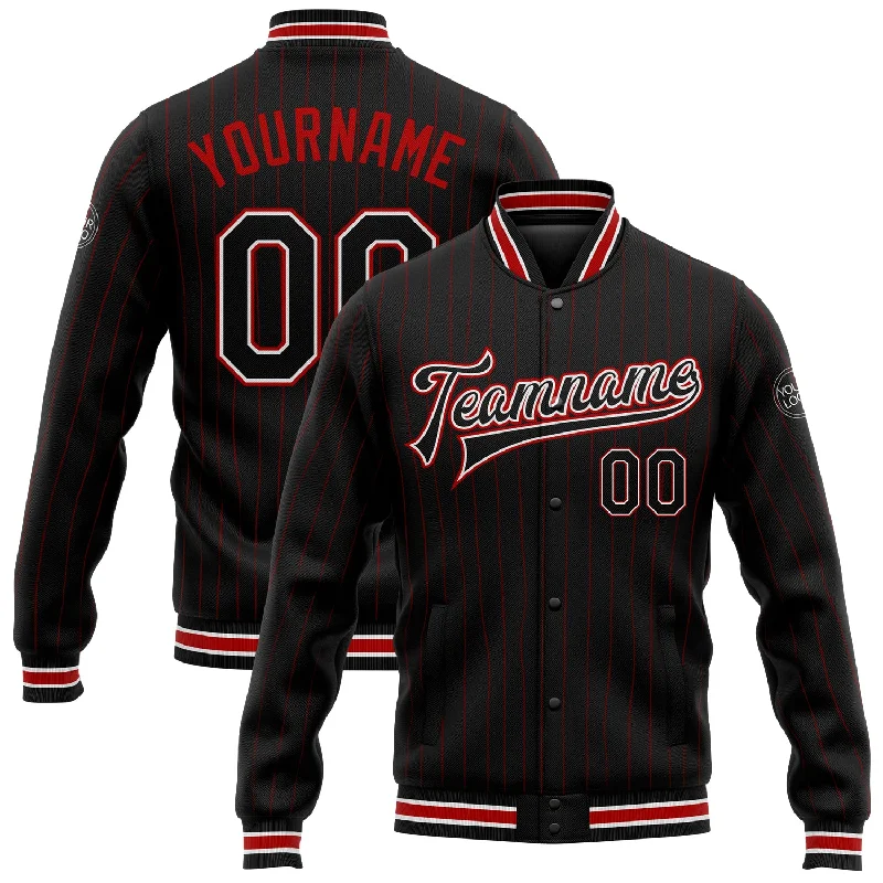 Oversized Unisex Apparel For Effortless Style Exclusive Discount Custom Black Red Pinstripe White Bomber Full-Snap Varsity Letterman Jacket
