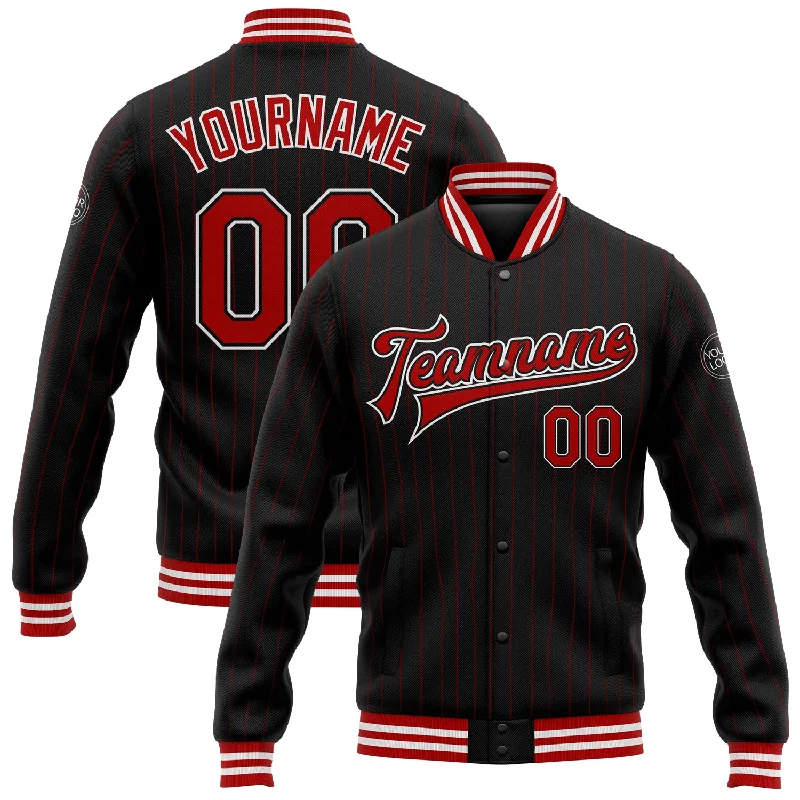 Modern Unisex Clothing For Any Occasion Fresh Styles, Fresh Deals Custom Black Red Pinstripe Red-White Bomber Full-Snap Varsity Letterman Jacket