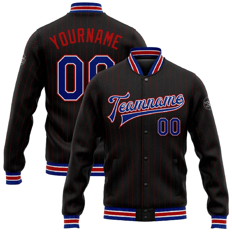 Chic And Contemporary Unisex Clothing Choices Fashion-Forward Custom Black Red Pinstripe Royal-White Bomber Full-Snap Varsity Letterman Jacket