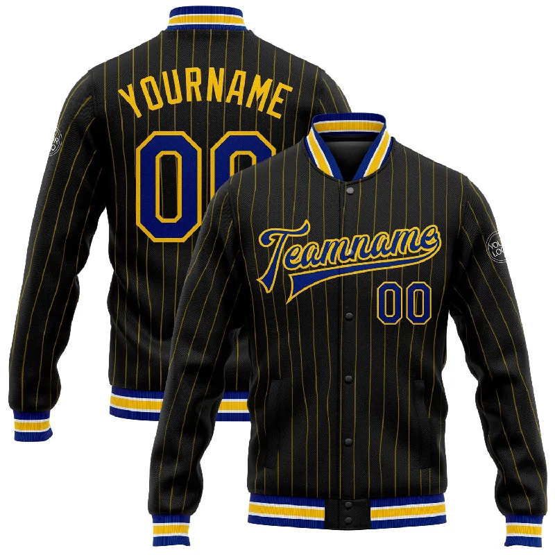 Sustainable Gender-Neutral Apparel Fashion Forward Femininity Custom Black Yellow Pinstripe Royal-White Bomber Full-Snap Varsity Letterman Jacket