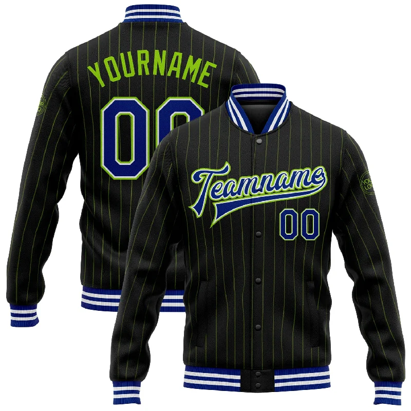 Urban-Inspired Unisex Fashion Trends Comfortable Chic Custom Black Neon Green Pinstripe Royal-White Bomber Full-Snap Varsity Letterman Jacket