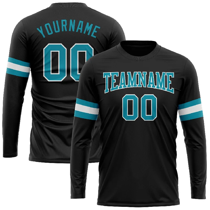 Gender-Neutral Fashion For Everyday Style Modish Fashion Discounts Custom Black Teal-White Long Sleeve Performance T-Shirt Gender-Neutral Fashion For Everyday Style Modish Fashion Discounts Custom Black Teal-White Long Sleeve Performance T-Shirt