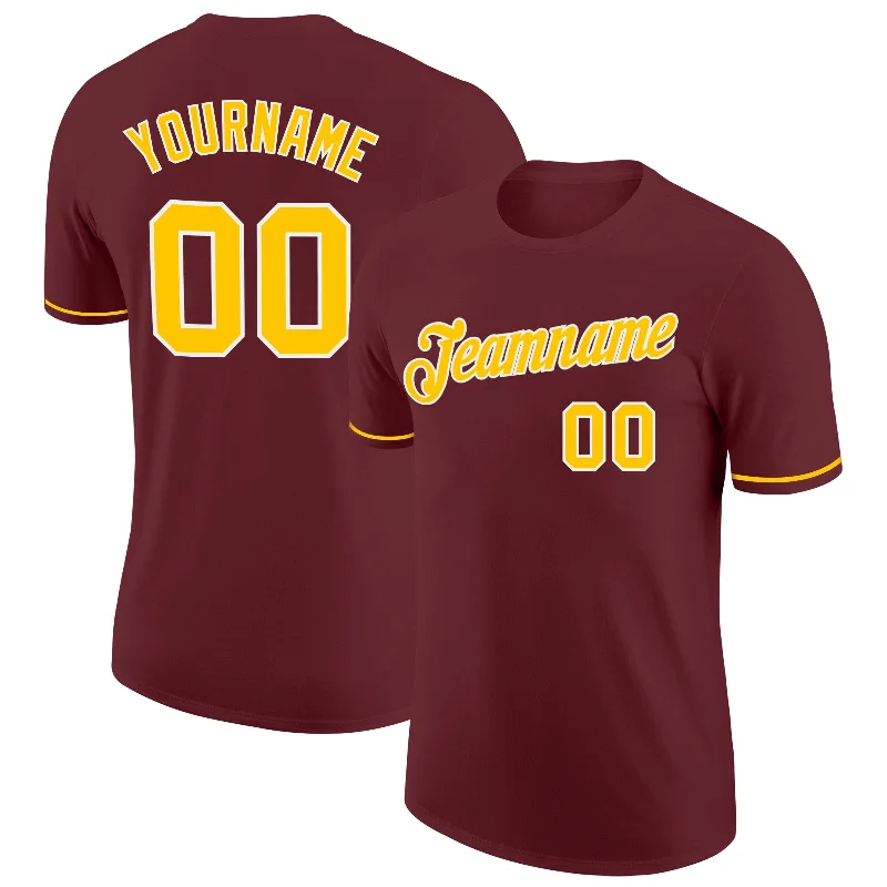 Contemporary Gender-Free Clothing Styles Affordable Trendy Fashion Custom Burgundy Gold-White Performance T-Shirt Contemporary Gender-Free Clothing Styles Affordable Trendy Fashion Custom Burgundy Gold-White Performance T-Shirt