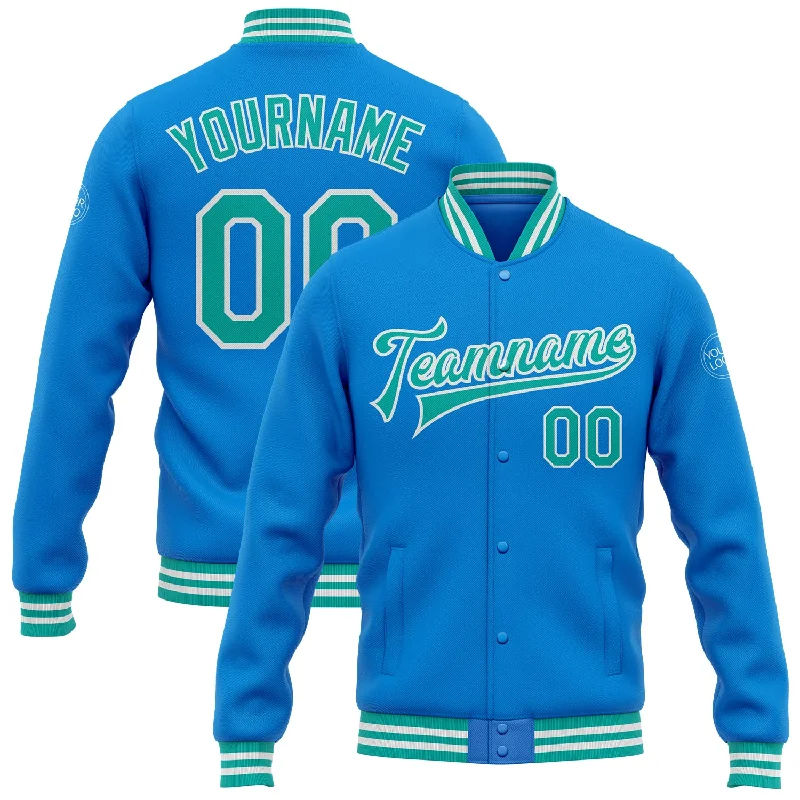Minimalist Unisex Fashion Essentials Classic Chic Deals Custom Powder Blue Aqua-White Bomber Full-Snap Varsity Letterman Jacket