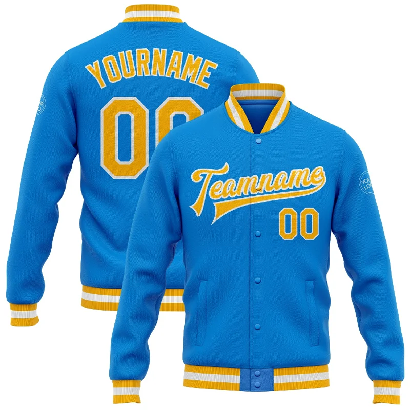 Chic And Casual Unisex Fashion Trends Insane Discount Onslaught Custom Powder Blue Gold-White Bomber Full-Snap Varsity Letterman Jacket