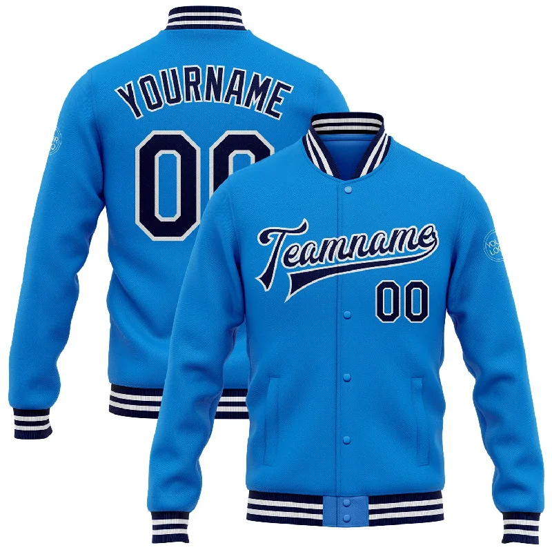 Modern Unisex Clothing For Any Occasion Vintage-Modern Style Offers Custom Powder Blue Navy-White Bomber Full-Snap Varsity Letterman Jacket
