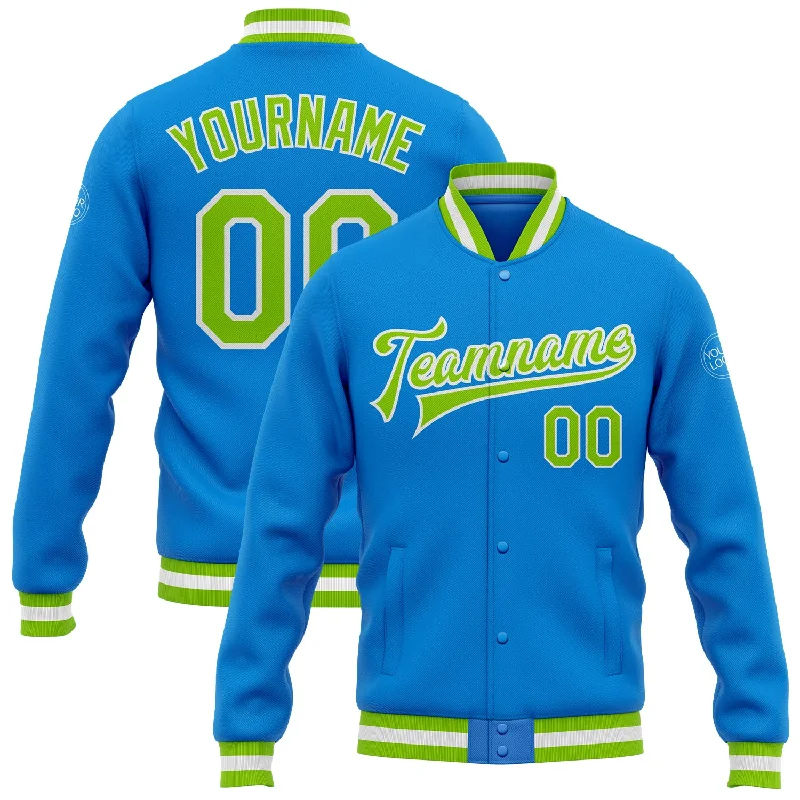 Versatile Gender-Free Wardrobe Essentials Seasonal Picks Custom Powder Blue Neon Green-White Bomber Full-Snap Varsity Letterman Jacket