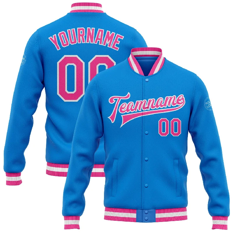 Sleek And Stylish Unisex Outerwear Best Deals Of The Season Custom Powder Blue Pink-White Bomber Full-Snap Varsity Letterman Jacket