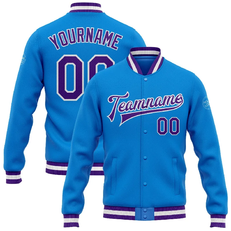 Sustainable And Ethical Unisex Clothing Best Sellers Custom Powder Blue Purple-White Bomber Full-Snap Varsity Letterman Jacket