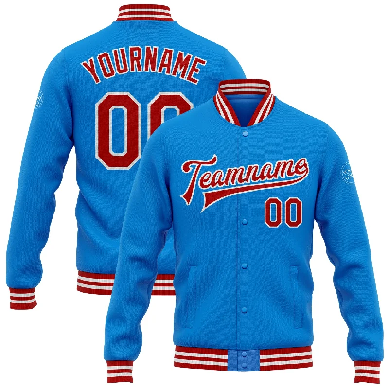 Minimalist Unisex Fashion Must-Haves Classic Modern Offers Custom Powder Blue Red-White Bomber Full-Snap Varsity Letterman Jacket