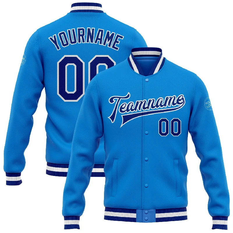 Sleek And Contemporary Gender-Free Outfits Crazy Discounts, Hurry Up Custom Powder Blue Royal-White Bomber Full-Snap Varsity Letterman Jacket