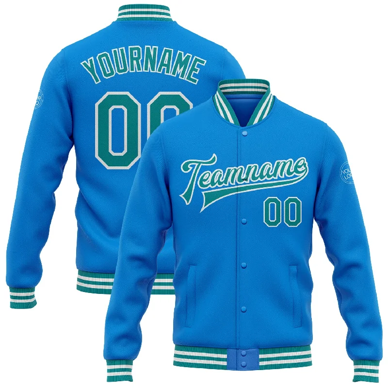 Gender-Neutral Clothing Styles Timeless Elegance Sale Custom Powder Blue Teal-White Bomber Full-Snap Varsity Letterman Jacket
