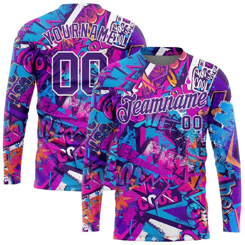 Unisex Casual Wear For All Seasons Mega Sales Custom Graffiti Pattern Purple-White Words 3D Long Sleeve Performance T-Shirt