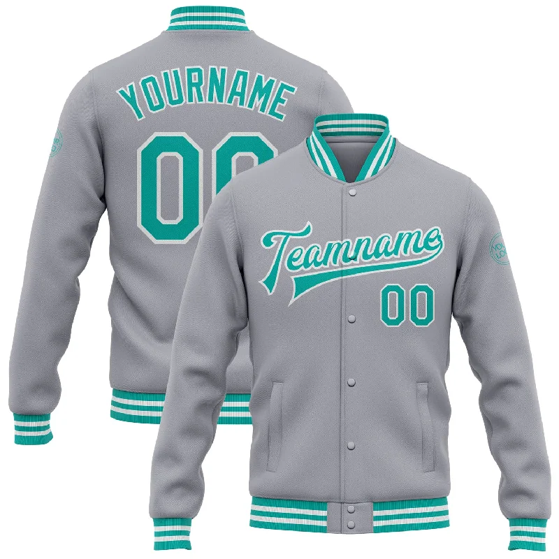 Classic And Timeless Unisex Style Day-To-Night Styles Custom Gray Aqua-White Bomber Full-Snap Varsity Letterman Jacket