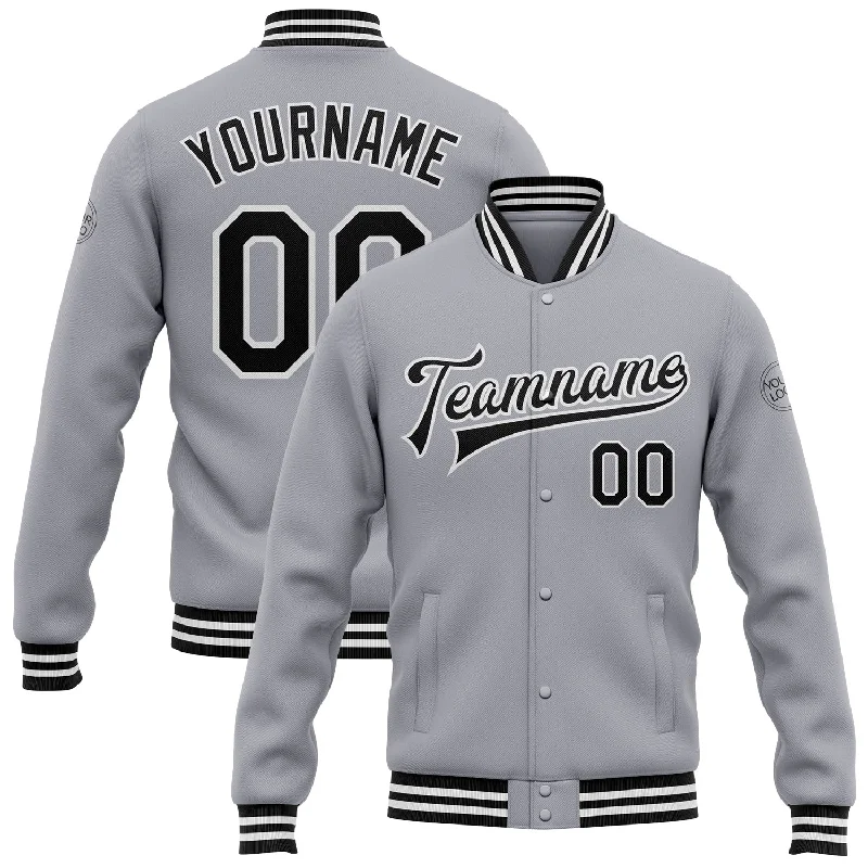 Urban-Inspired Unisex Fashion Pieces High-End Style Discounts Custom Gray Black-White Bomber Full-Snap Varsity Letterman Jacket