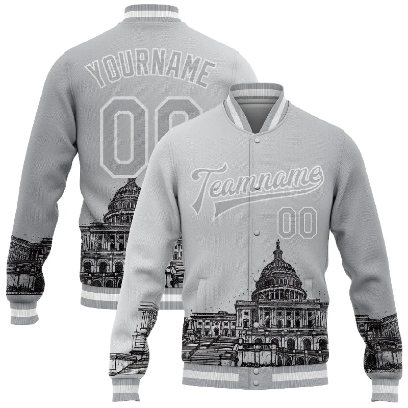 Modern Unisex Wardrobe Staples Ends Soon Custom Gray White-Black United States Capitol 3D Pattern Design Bomber Full-Snap Varsity Letterman Jacket