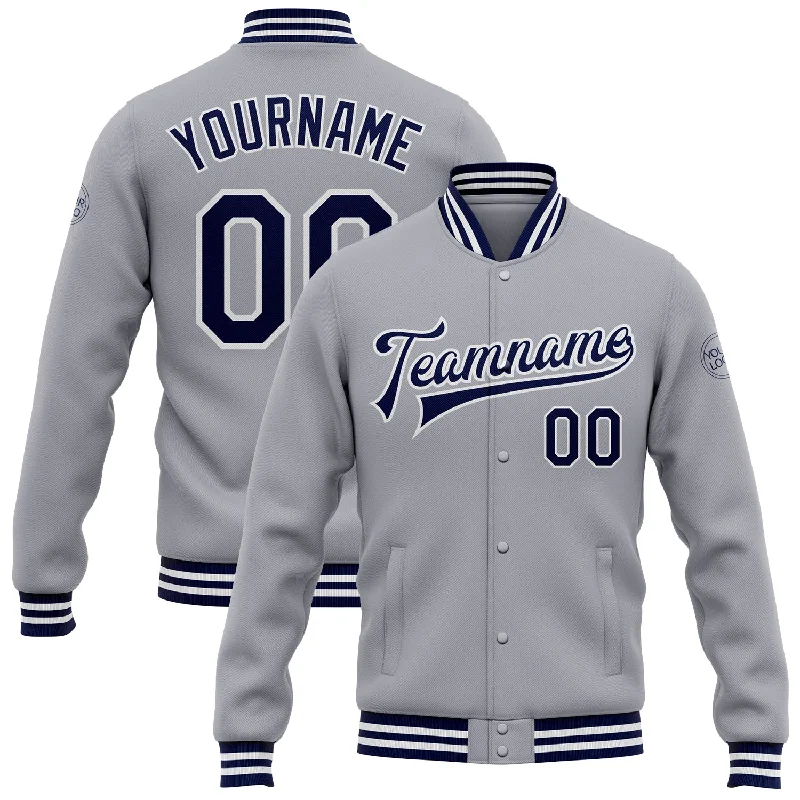 Contemporary Gender-Free Clothing Styles Stylish Deals Custom Gray Navy-White Bomber Full-Snap Varsity Letterman Jacket