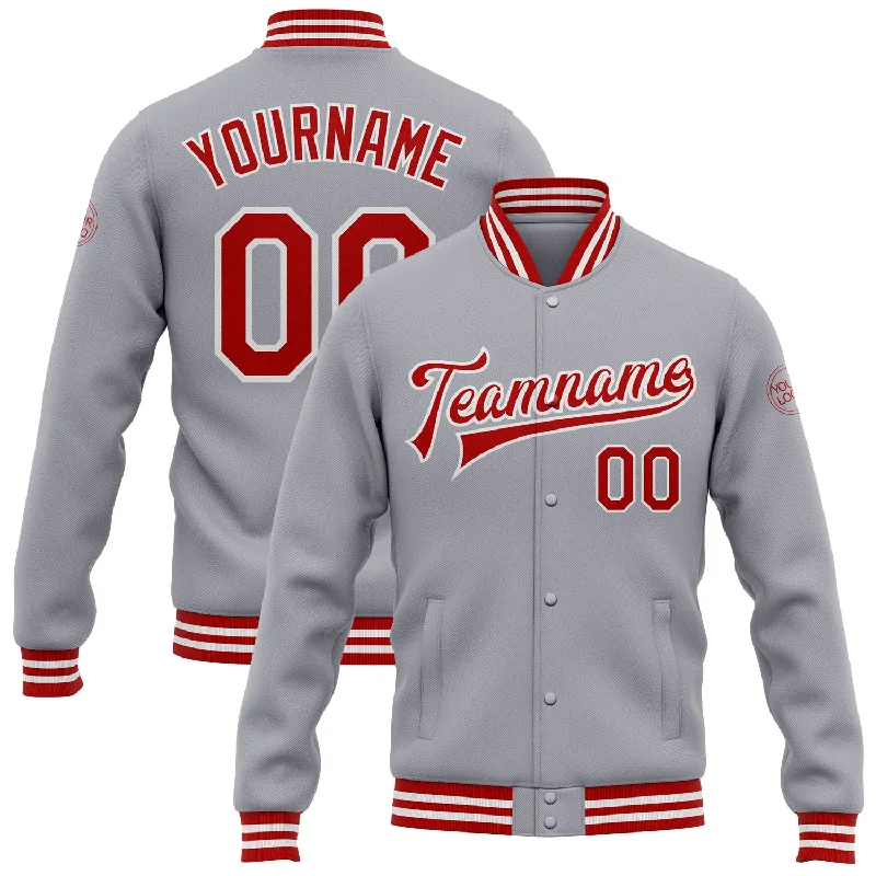 Unisex Casual Wear For All Seasons Modern Fashion Sale Custom Gray Red-White Bomber Full-Snap Varsity Letterman Jacket
