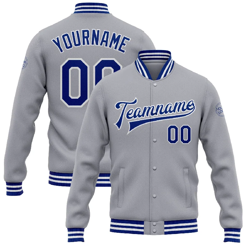 Fashion-Forward Unisex Apparel Timeless Style Promotions Custom Gray Royal-White Bomber Full-Snap Varsity Letterman Jacket