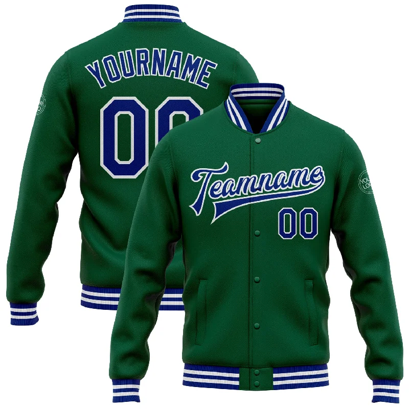 Unisex Everyday Fashion Essentials Forward Trendsetter Custom Kelly Green Royal-White Bomber Full-Snap Varsity Letterman Jacket