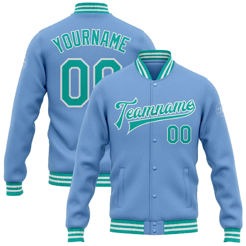 Oversized Unisex Fashion Pieces Chic & Modern Sales Custom Light Blue Aqua-White Bomber Full-Snap Varsity Letterman Jacket