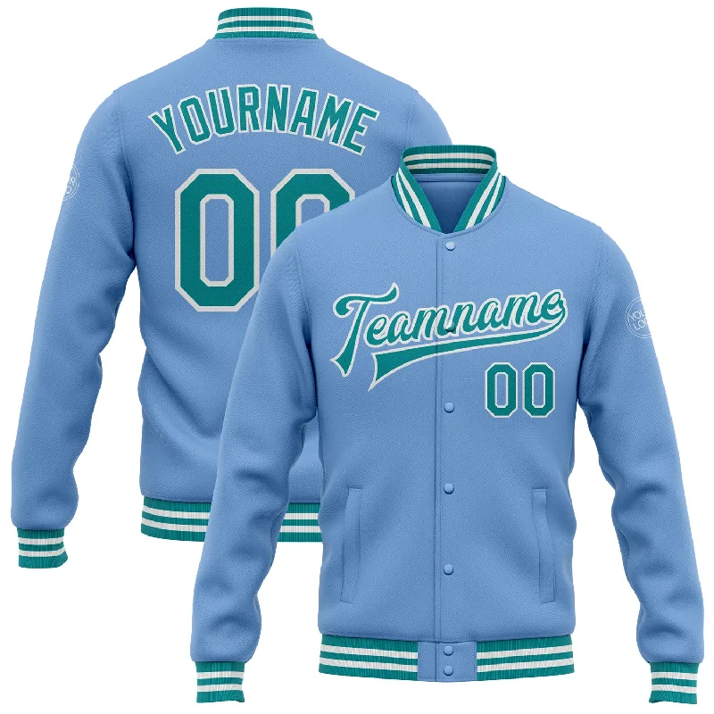 Trendy Unisex Contemporary Chic Promotions Custom Light Blue Teal-White Bomber Full-Snap Varsity Letterman Jacket