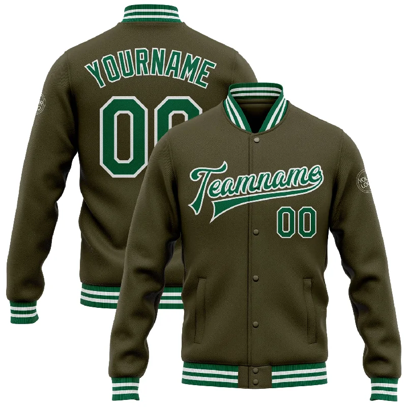 Casual Yet Sophisticated Unisex Fashion Unleash Your Style Custom Olive Kelly Green-White Bomber Full-Snap Varsity Letterman Salute To Service Jacket