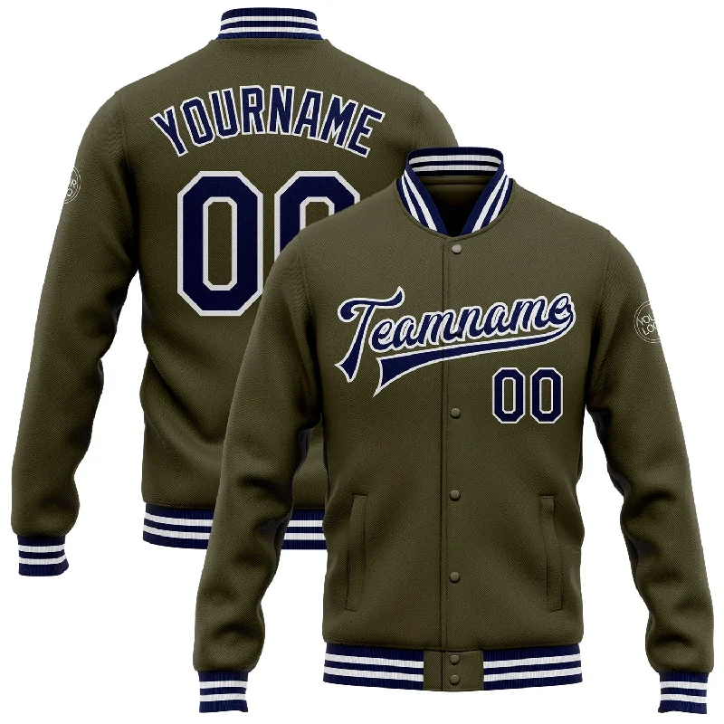 Trendy Unisex Style Redefined Custom Olive Navy-White Bomber Full-Snap Varsity Letterman Salute To Service Jacket