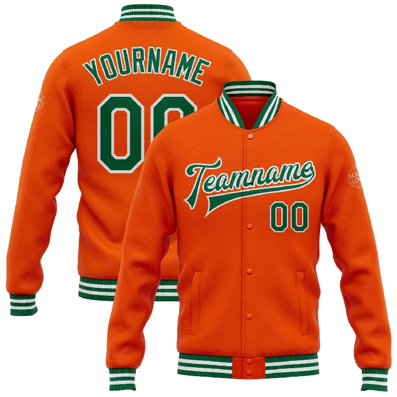 Effortless And Modern Unisex Dressing Fashion Forward Custom Orange Kelly Green-White Bomber Full-Snap Varsity Letterman Jacket