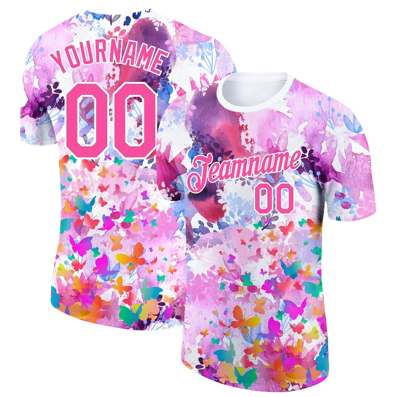 Versatile Gender-Free Wardrobe Essentials Trend Alert Custom Pink White 3D Pattern Design Watercolor Butterfly Performance T-Shirt