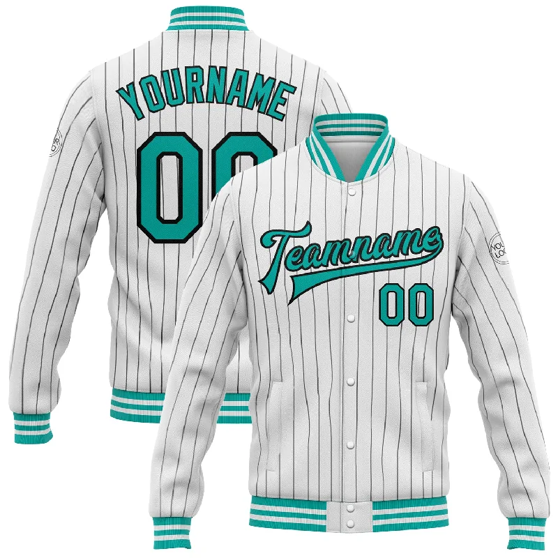Fashion-Forward Unisex Apparel Exclusive Fashion Deals Custom White Black Pinstripe Aqua Bomber Full-Snap Varsity Letterman Jacket