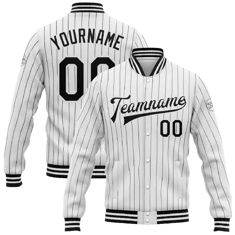Comfortable Gender-Free Fashion Choices Contemporary Chic Promotions Custom White Black Pinstripe Black Bomber Full-Snap Varsity Letterman Jacket
