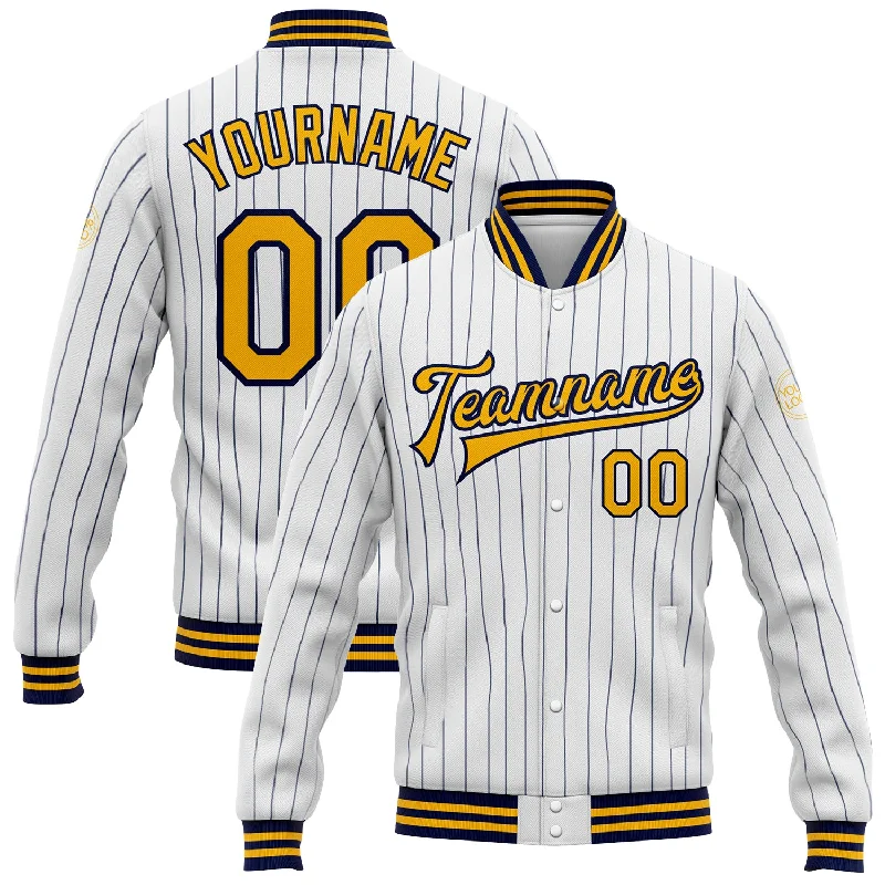 Casual Yet Sophisticated Unisex Fashion Vintage Style Deals Custom White Navy Pinstripe Gold Bomber Full-Snap Varsity Letterman Jacket