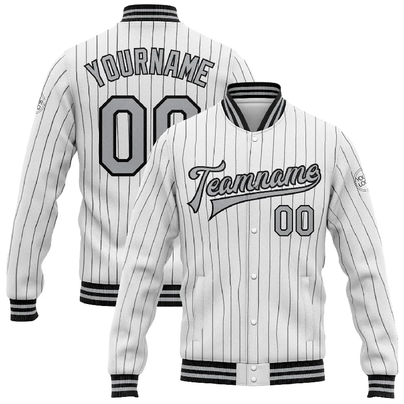 Chic And Contemporary Unisex Clothing Choices Timeless Elegance Sale Custom White Black Pinstripe Gray Bomber Full-Snap Varsity Letterman Jacket