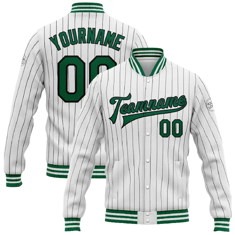 Unisex Casual Wear For All Seasons Contemporary Fashion Sale Custom White Black Pinstripe Kelly Green Bomber Full-Snap Varsity Letterman Jacket
