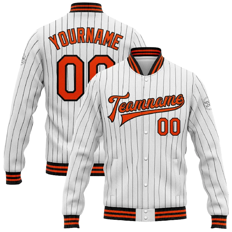 Relaxed-Fit Unisex Fashion For All-Day Comfort Classic Chic Deals Custom White Black Pinstripe Orange Bomber Full-Snap Varsity Letterman Jacket