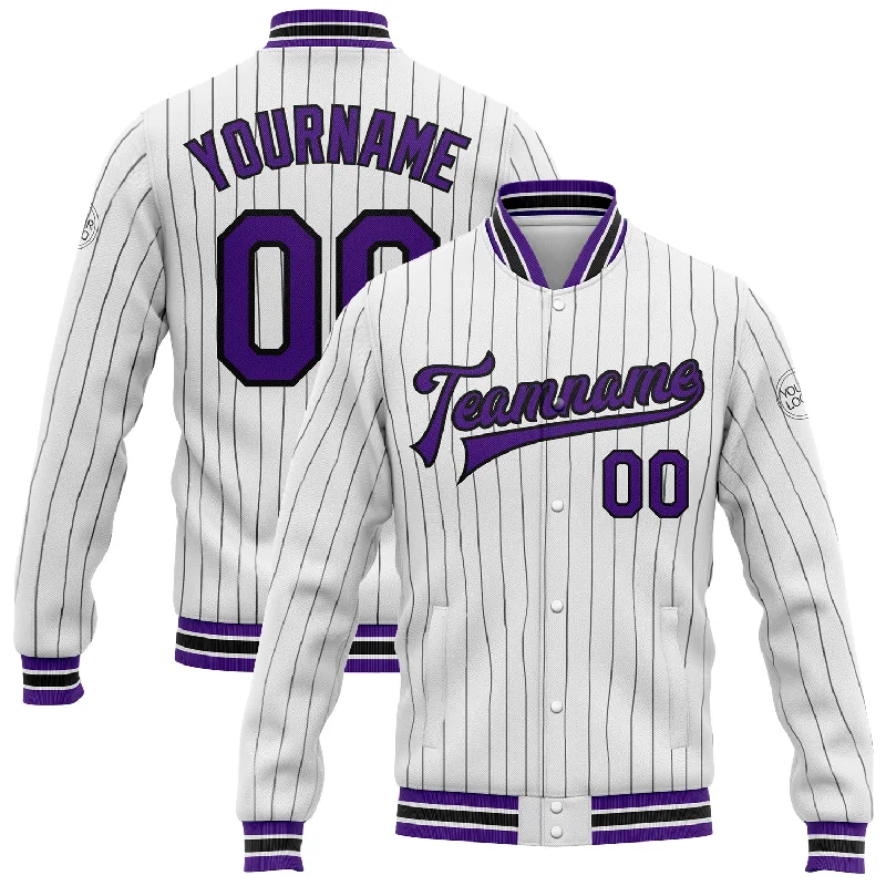 Sustainable Gender-Neutral Apparel Affordable Trendy Fashion Custom White Black Pinstripe Purple Bomber Full-Snap Varsity Letterman Jacket