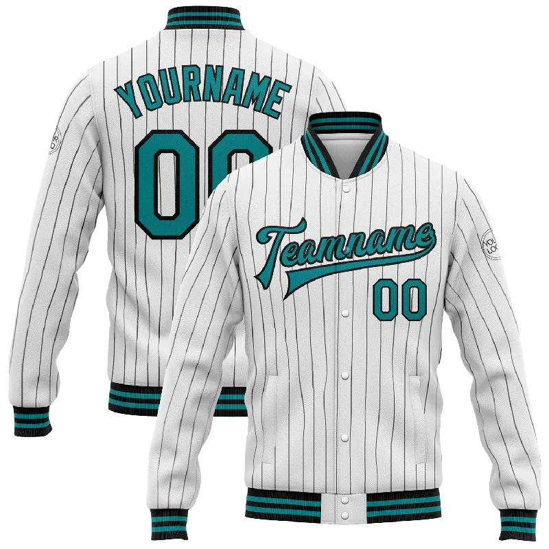 Sleek And Comfortable Unisex Wear Bold Fashion Sales Custom White Black Pinstripe Teal Bomber Full-Snap Varsity Letterman Jacket