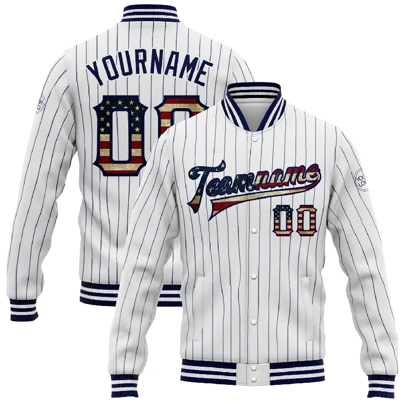 Minimalist Unisex Fashion Essentials Edgy Fashion Deals Custom White Navy Pinstripe Vintage USA Flag Bomber Full-Snap Varsity Letterman Jacket