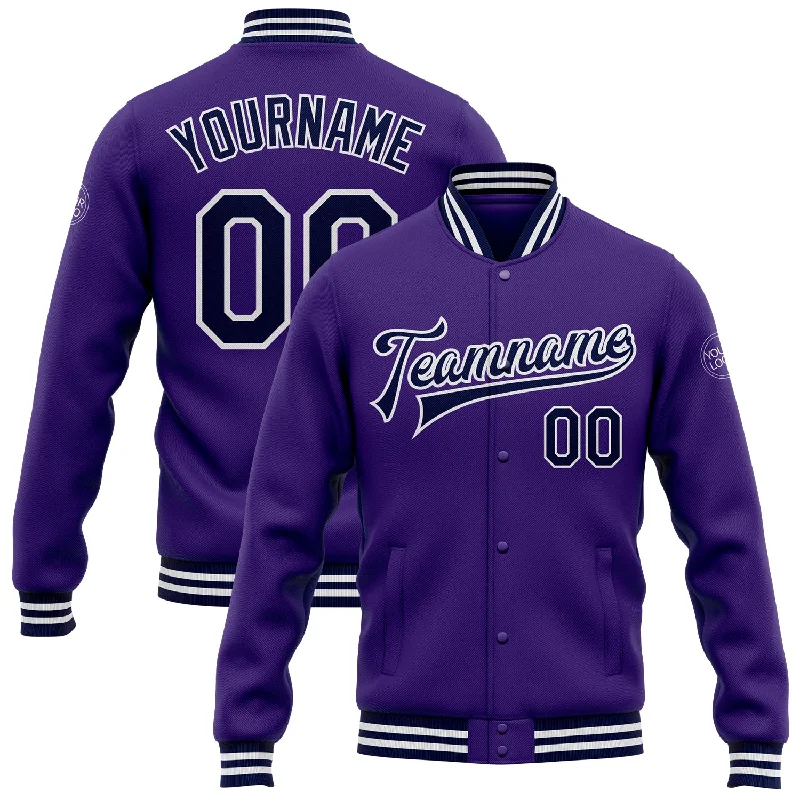 Stylish Unisex Outfit Ideas End Of Season Sale Custom Purple Navy-White Bomber Full-Snap Varsity Letterman Jacket