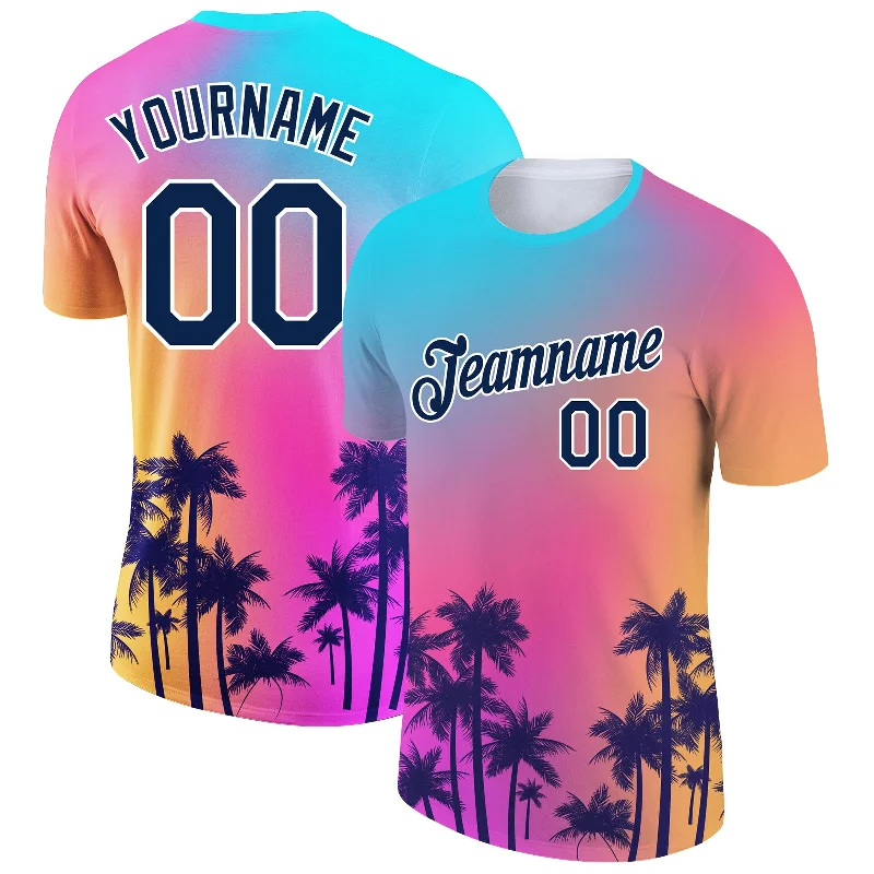 Chic And Casual Unisex Fashion Trends Unleash Your Fashion Custom Purple Navy-White 3D Pattern Design Hawaii Palm Trees Performance T-Shirt
