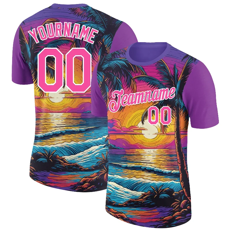 Breathable And Lightweight Unisex Wear Must-Have Style Discounts Custom Purple Pink-White 3D Pattern Design Hawaii Palm Trees On Beach Performance T-Shirt
