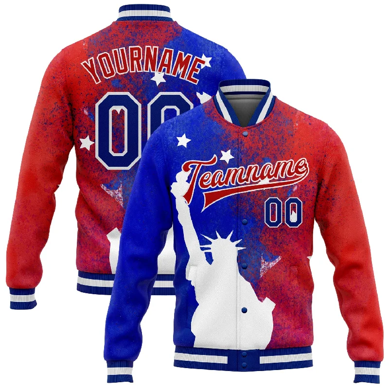 All-Season Unisex Clothing Collection Limited Time Custom Red Royal-White Statue of Liberty 3D Pattern Design Bomber Full-Snap Varsity Letterman Jacket