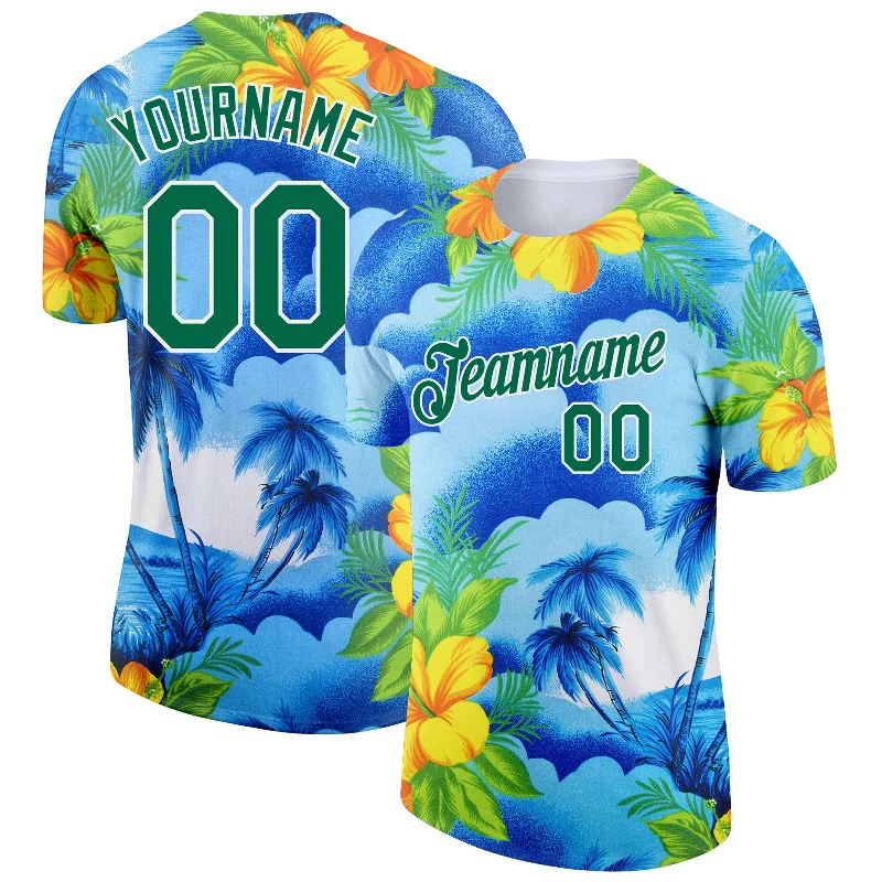 Effortless And Modern Unisex Dressing Vibrant Style Promotions Custom White Kelly Green 3D Pattern Design Beach Hawaii Palm Trees And Flowers Performance T-Shirt