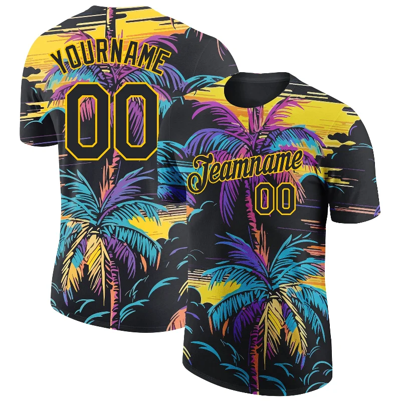 Urban-Inspired Unisex Fashion Pieces Chic Style Discounts Custom Black Yellow 3D Pattern Design Tropical Hawaii Palms Trees Performance T-Shirt