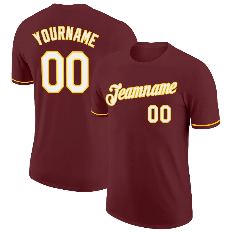 Sustainable Gender-Neutral Apparel Bold Style Discounts Custom Burgundy White-Yellow Performance T-Shirt Sustainable Gender-Neutral Apparel Bold Style Discounts Custom Burgundy White-Yellow Performance T-Shirt