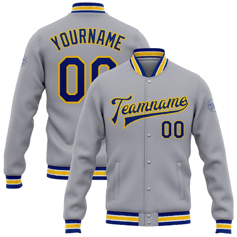 Relaxed-Fit Unisex Fashion For All-Day Comfort Style Upgrade Custom Gray Royal-Yellow Bomber Full-Snap Varsity Letterman Jacket